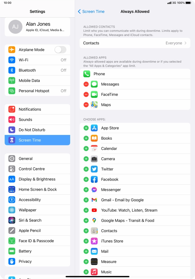 Press the add icon next to the required app to add it to the list of allowed apps during Downtime.