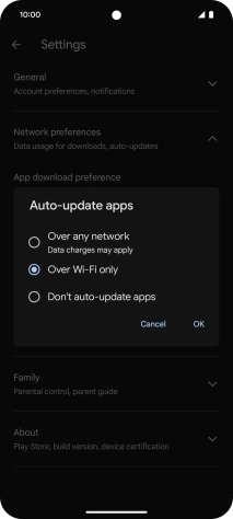 To turn on automatic update of apps using mobile network, press Over any network.