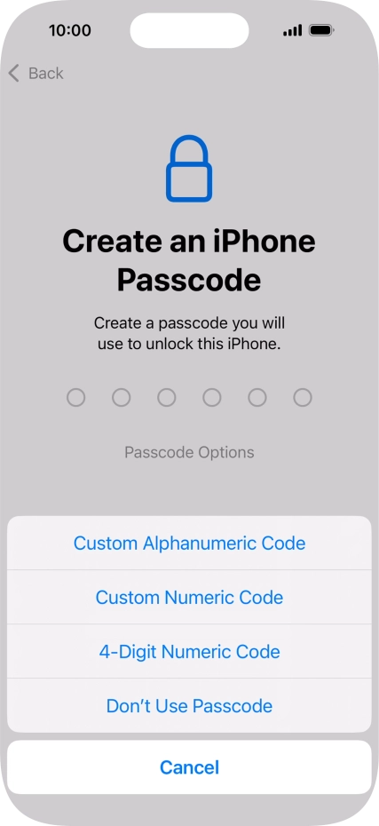 Follow the instructions on the screen to turn on use of phone lock code or press Don't Use Passcode.