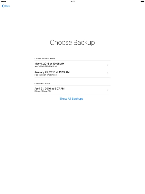 Press the required backup and your tablet restores the contents of the selected backup. Follow the instructions on the screen to complete the activation.