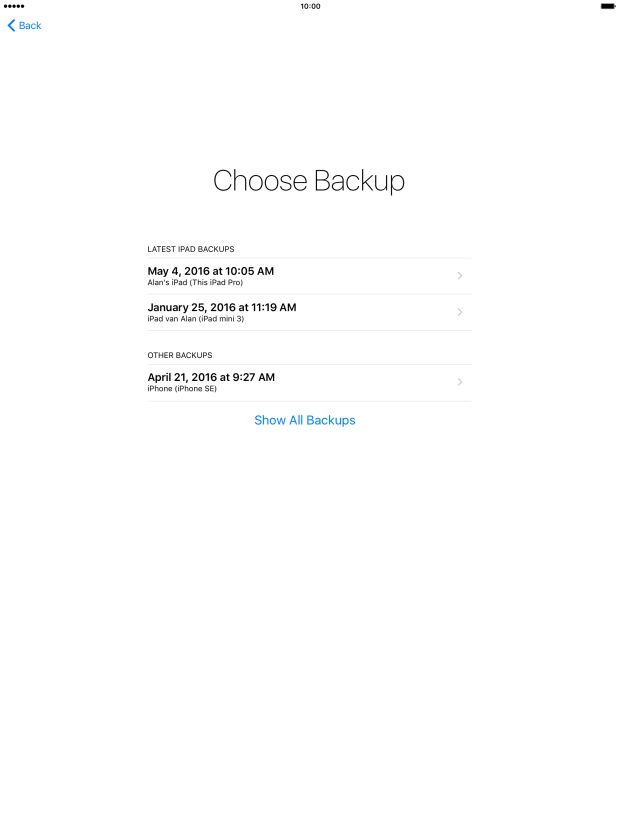 Press the required backup and your tablet restores the contents of the selected backup. Follow the instructions on the screen to complete the activation.