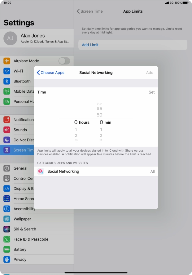 Set the required time limit for use of the selected category.