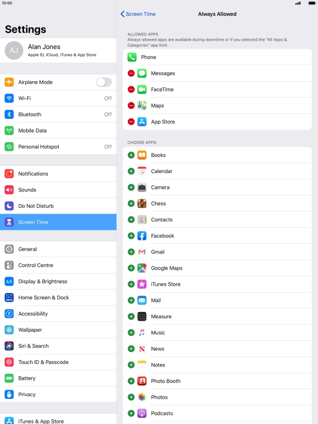 Press the remove icon next to the required app to remove it from the list of allowed apps during Downtime.
