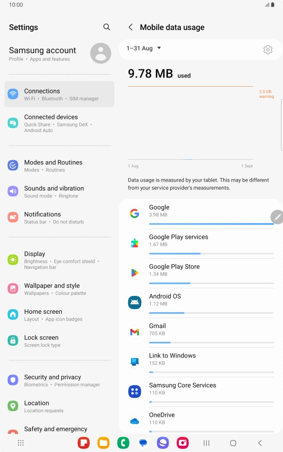 The data usage for each application is displayed below the name of the application.