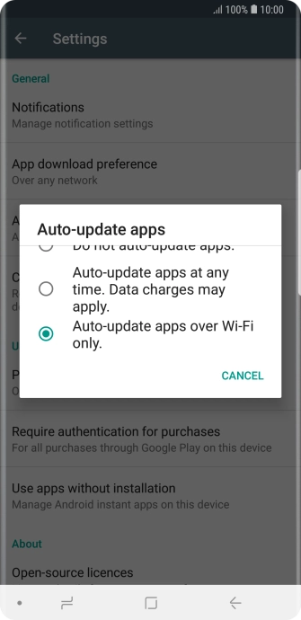 To turn on automatic update of apps using Wi-Fi, press Auto-update apps over Wi-Fi only..
