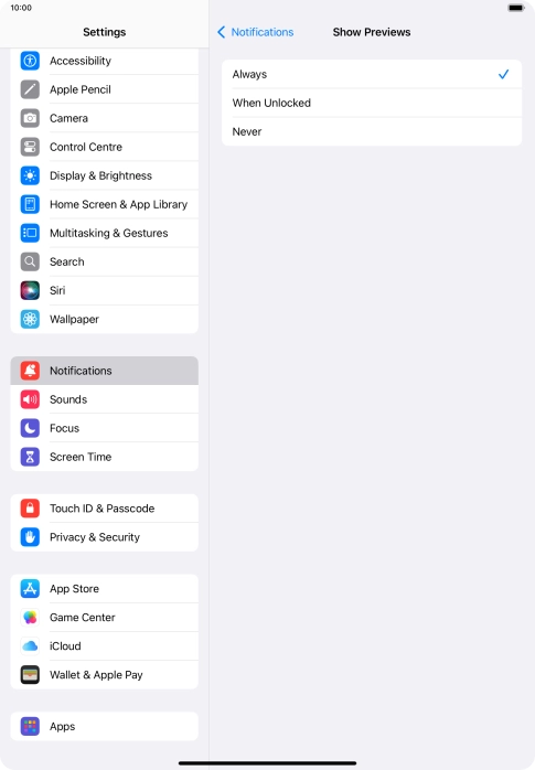 To select notification preview on the lock screen, press Always.