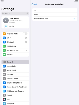 To turn off background refresh of apps, press Off.