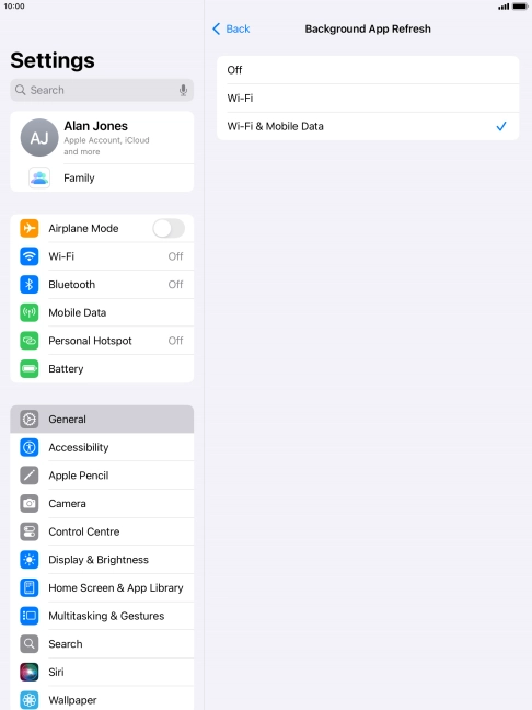 To turn off background refresh of apps, press Off.