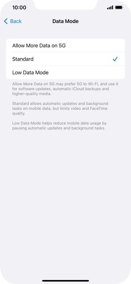 Press the required setting.