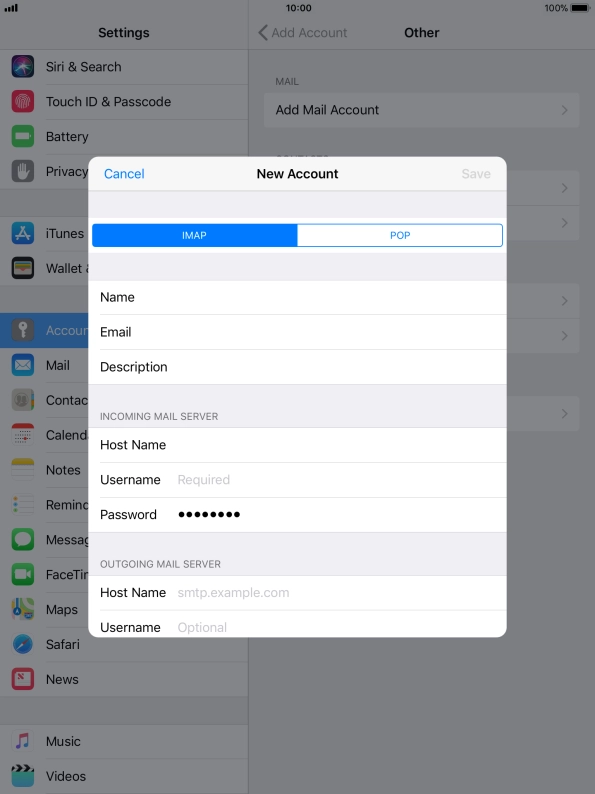 Press Username and key in the username for your email account.