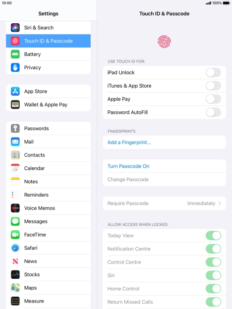 Press Turn Passcode On and key in a lock code of your own choice twice.