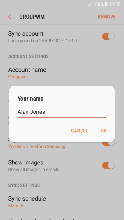 Key in the required sender name and press OK.