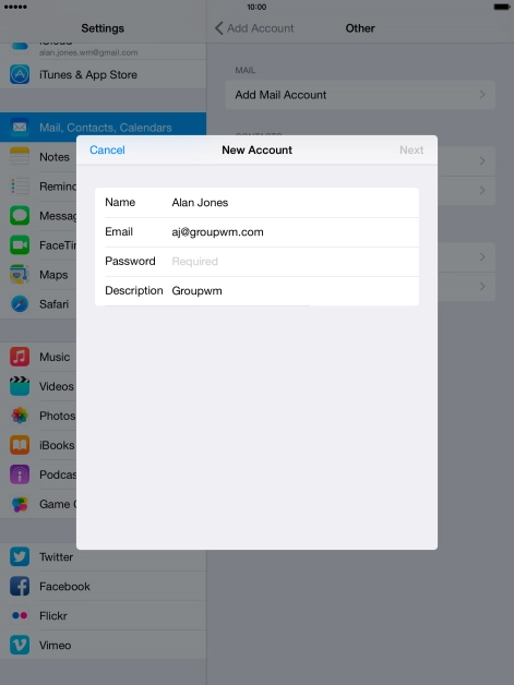 Press Password and key in the password for your email account.