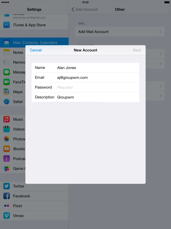 Press Password and key in the password for your email account.