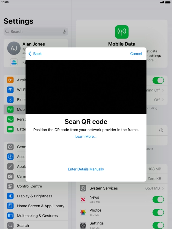 Place the QR code you've received inside the tablet camera frame to scan the code.