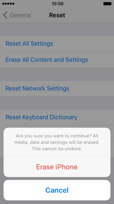 Press Erase iPhone. Wait a moment while the factory default settings are restored. 
Follow the instructions on the screen to set up your phone and prepare it for use.