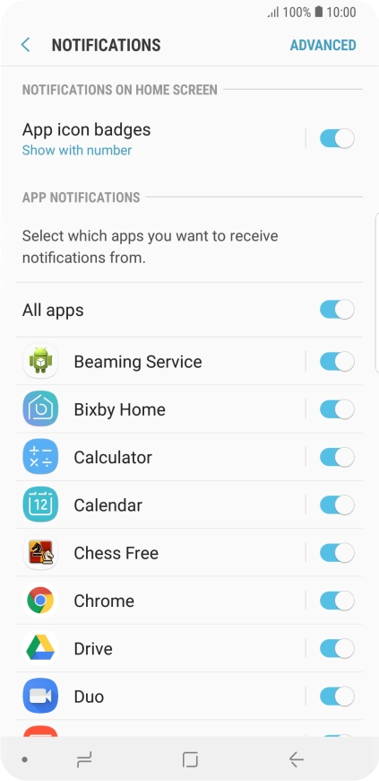 Press the indicator next to the required app to turn the function on or off.