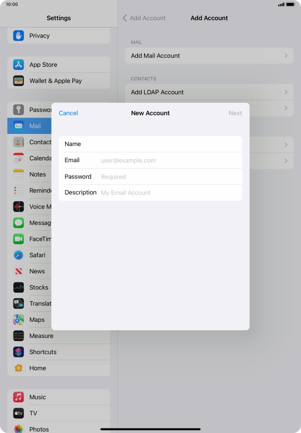 Press Email and key in your email address.