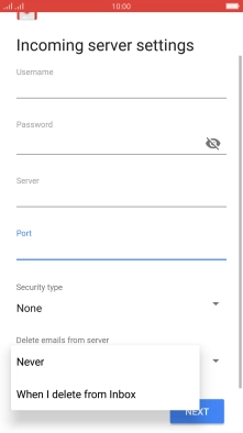 Press Never to keep email messages on the server when you delete them on your phone.