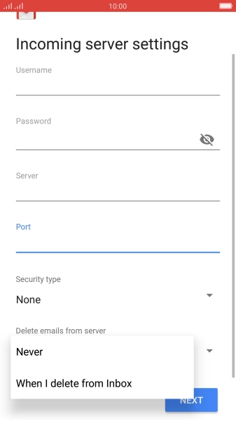 Press Never to keep email messages on the server when you delete them on your phone.