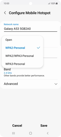 Press WPA3-Personal to password protect your Wi-Fi hotspot.