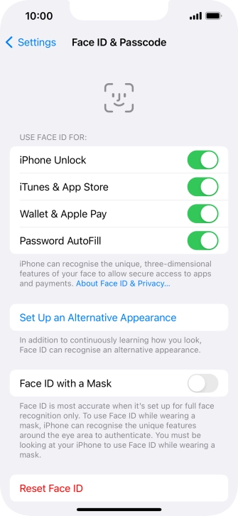 Press the indicators next to the required settings to turn them on or off.