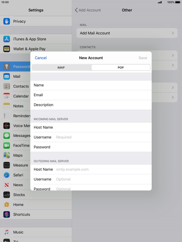 Press Username and key in the username for your email account.