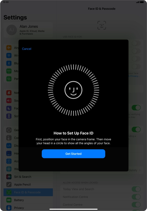 Press Get Started and follow the instructions on the screen to set up Face ID.
