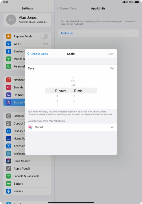 Set the required time limit for use of the selected category.