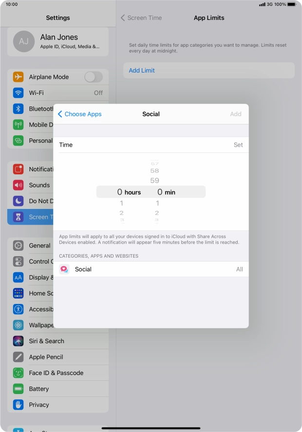 Set the required time limit for use of the selected category.