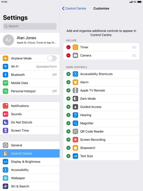 Press the delete icon next to the required function to remove it from Control Centre.