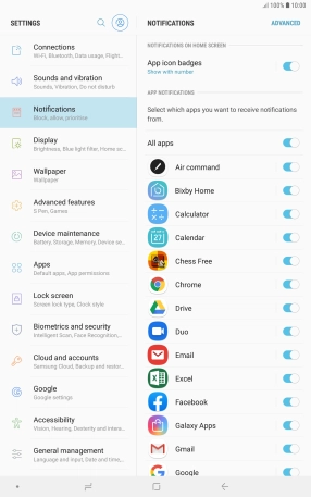 Press the indicator next to the required app to turn the function on or off.