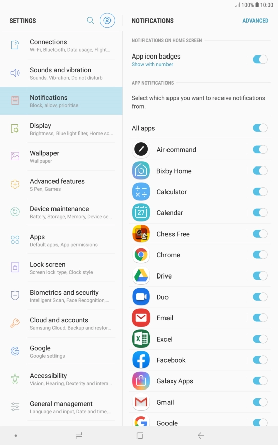 Press the indicator next to the required app to turn the function on or off.
