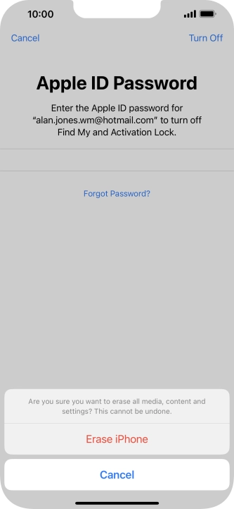 Key in the password for your Apple ID and press Erase iPhone. Wait a moment while the factory default settings are restored. Follow the instructions on the screen to set up your phone and prepare it for use.