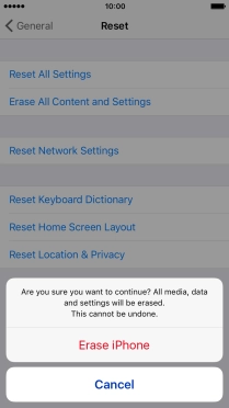 Press Erase iPhone. Wait a moment while the factory default settings are restored. 
Follow the instructions on the screen to set up your phone and prepare it for use.