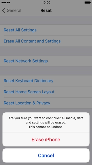 Press Erase iPhone. Wait a moment while the factory default settings are restored. 
Follow the instructions on the screen to set up your phone and prepare it for use.