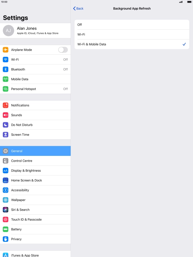 To turn off background refresh of apps, press Off.