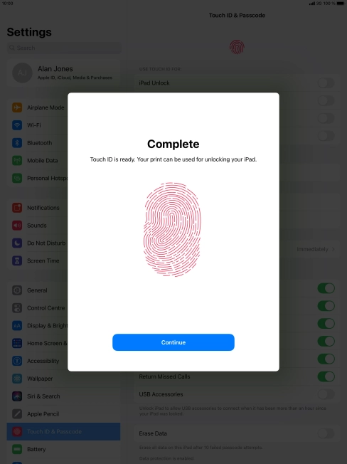Press Continue. If you haven't previously selected a lock code, key in a code of your own choice twice.