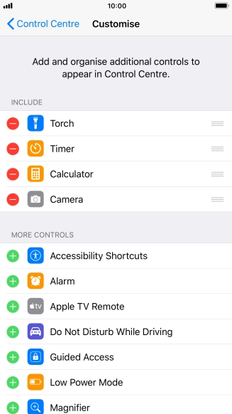 Press the delete icon next to the required function to remove it from Control Centre.