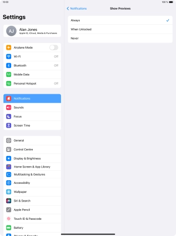 To select notification preview on the lock screen, press Always.