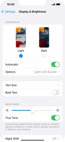 If you turn on the function, press Options and follow the instructions on the screen to select the required period of time for Dark Mode.