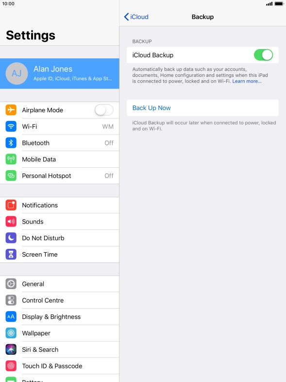 Press Back Up Now and wait while the tablet memory is backed up.