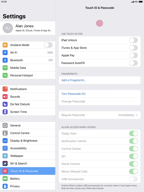 Press Turn Passcode On and key in a lock code of your own choice twice.