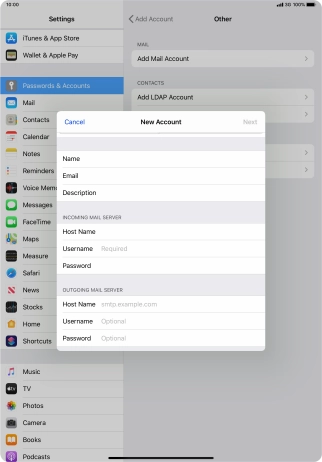 Press Username and key in the username for your email account.
