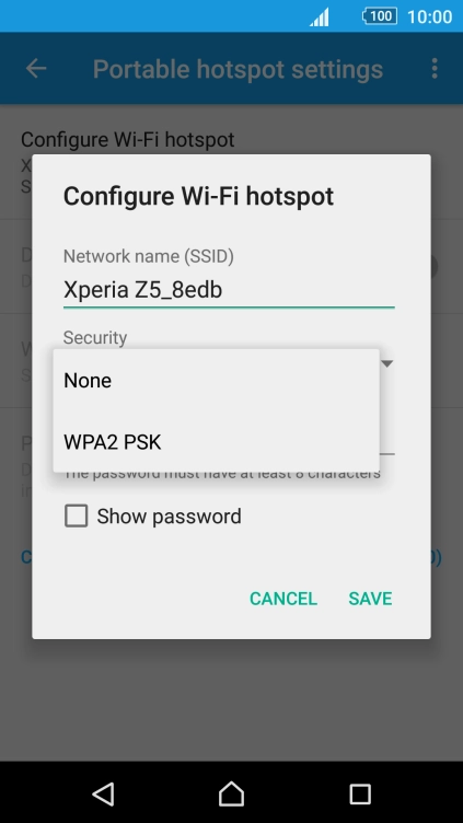 Press WPA2 PSK to password protect your Wi-Fi hotspot.