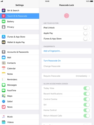 Press Turn Passcode On and key in a lock code of your own choice twice.