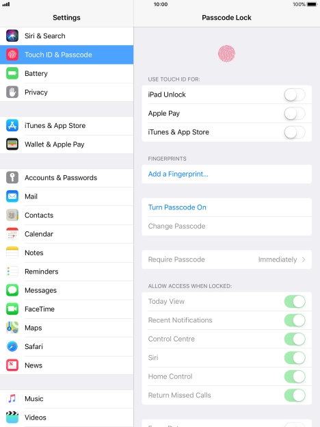 Press Turn Passcode On and key in a lock code of your own choice twice.