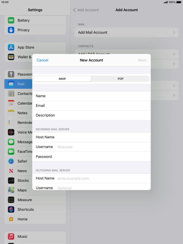 Press Username and key in the username for your email account.