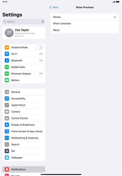 To select notification preview on the lock screen, press Always.