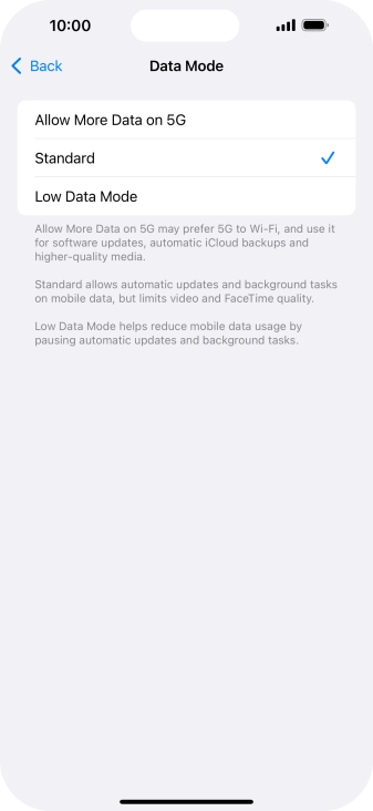Press the required setting.